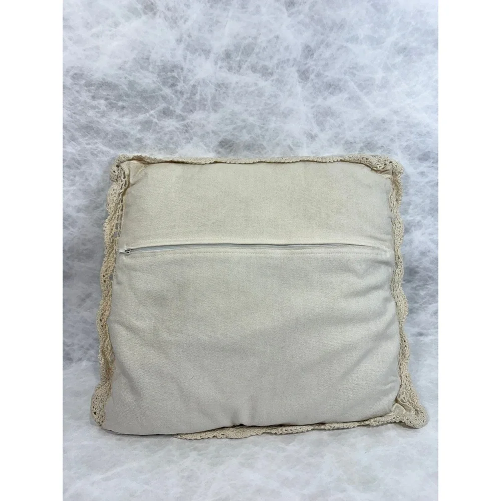 Vintage Cross Stitch Fruit Wreath Throw Pillow Lace Trim Cottagecore Cream 16x16